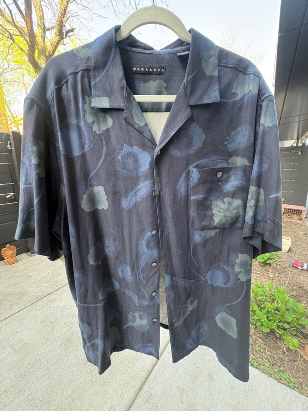 Baracuta Men’s Silk Camp Shirt Navy Floral Short Sleeve - Size L
